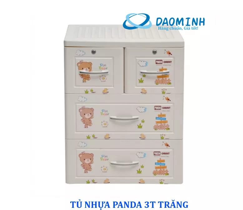 Tủ nhựa Song Long Panda 3 tầng, 4 ngăn (trắng sữa, hình gấu)